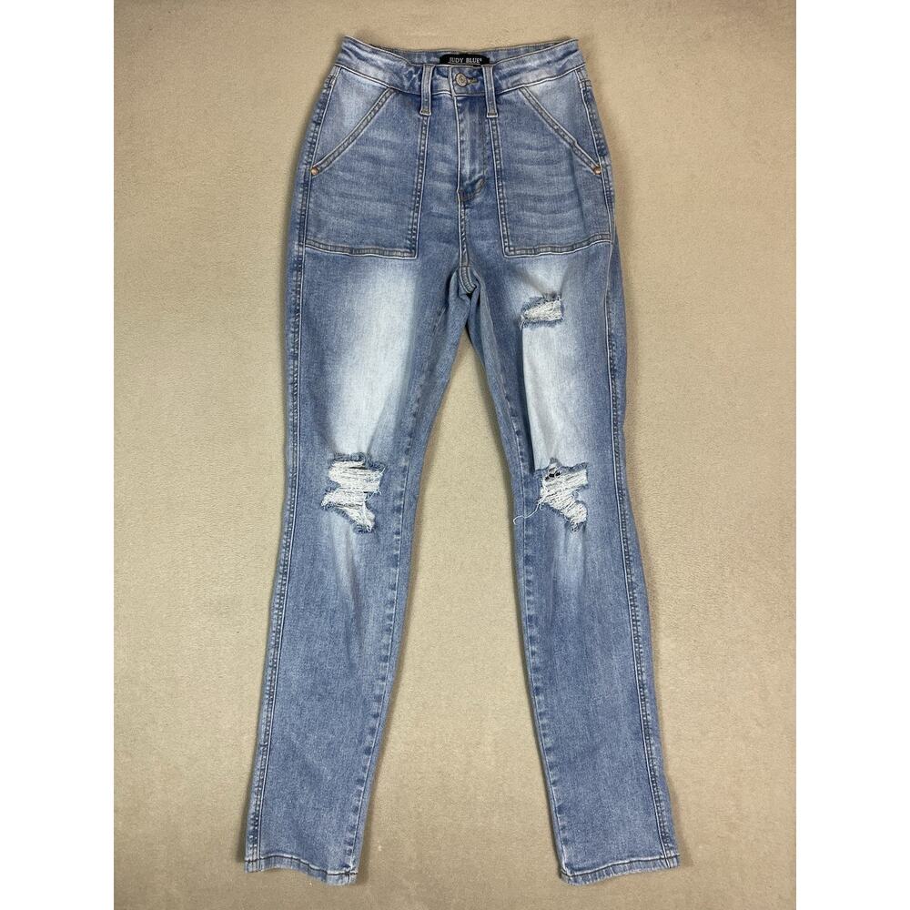 Judy Blue Jeans Womens 3/26 Blue Boyfriend Fit Distressed Mid Rise Stretch Denim